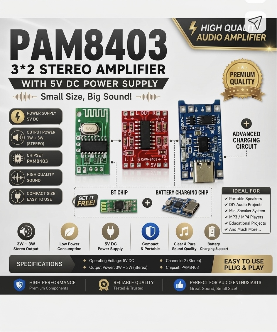 PAM8403 Mini 5V Bluetooth Audio Amplifier Board Kit with Type-C Charging Module (DIY Speaker Set)