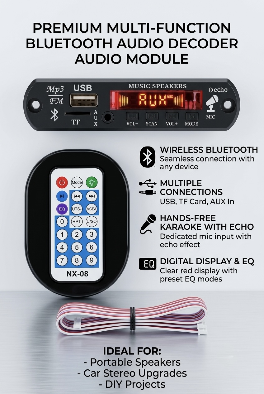 Bluetooth 5.0 MP3 Decoder Audio Module Board with IR Remote Control & Mic Echo Support (USB/FM/TF/AUX)