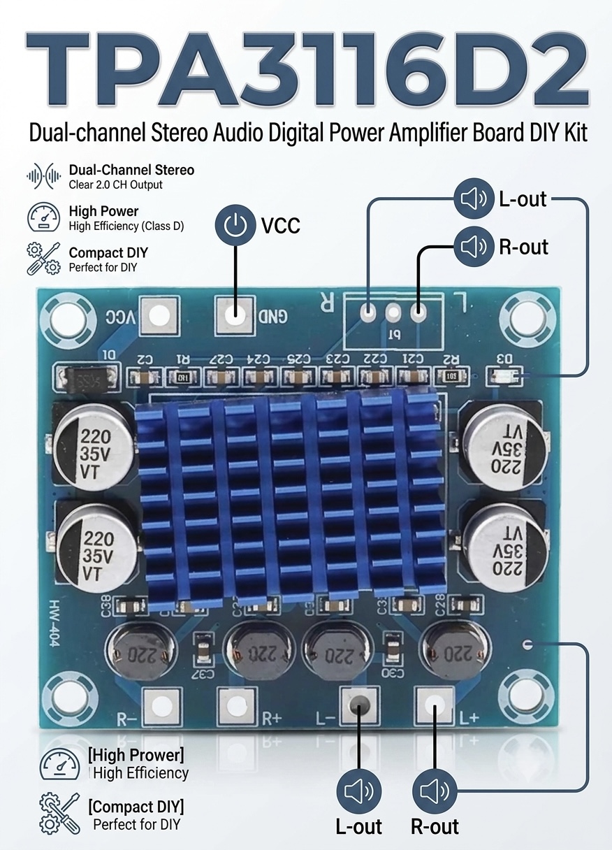 TPA3116D2 2.0 Channel Stereo Audio Digital Power Amplifier Board (HW-404) 12V-24V DC