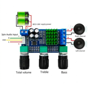TPA3116D2 2.0 Channel 50W+50W Stereo Class-D Audio Amplifier Board with Bass, Treble & Volume Control Knobs (12V-24V DC)