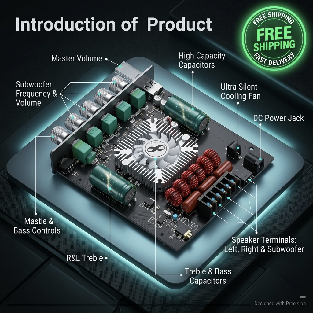 ZK-AS21 2.1 Channel Bluetooth 5.1 Power Amplifier Board (220W+220W+350W) with Treble & Bass Control