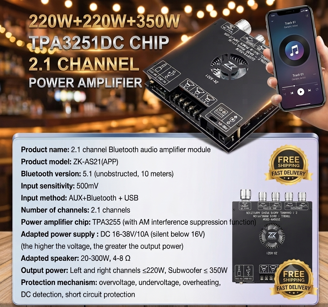 ZK-AS21 2.1 Channel Bluetooth 5.1 Power Amplifier Board (220W+220W+350W) with Treble & Bass Control - Image 4