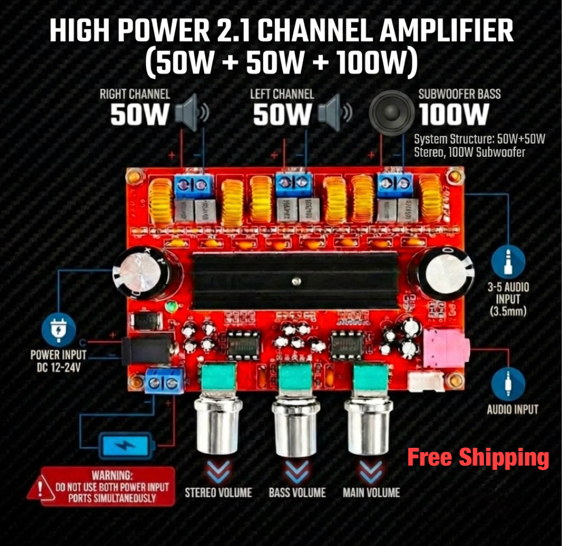 TPA3116D2 2.1 Channel High Power Digital Audio Amplifier Board (50W+50W Stereo + 100W Subwoofer Bass) 12V-24V DC - Free Shipping