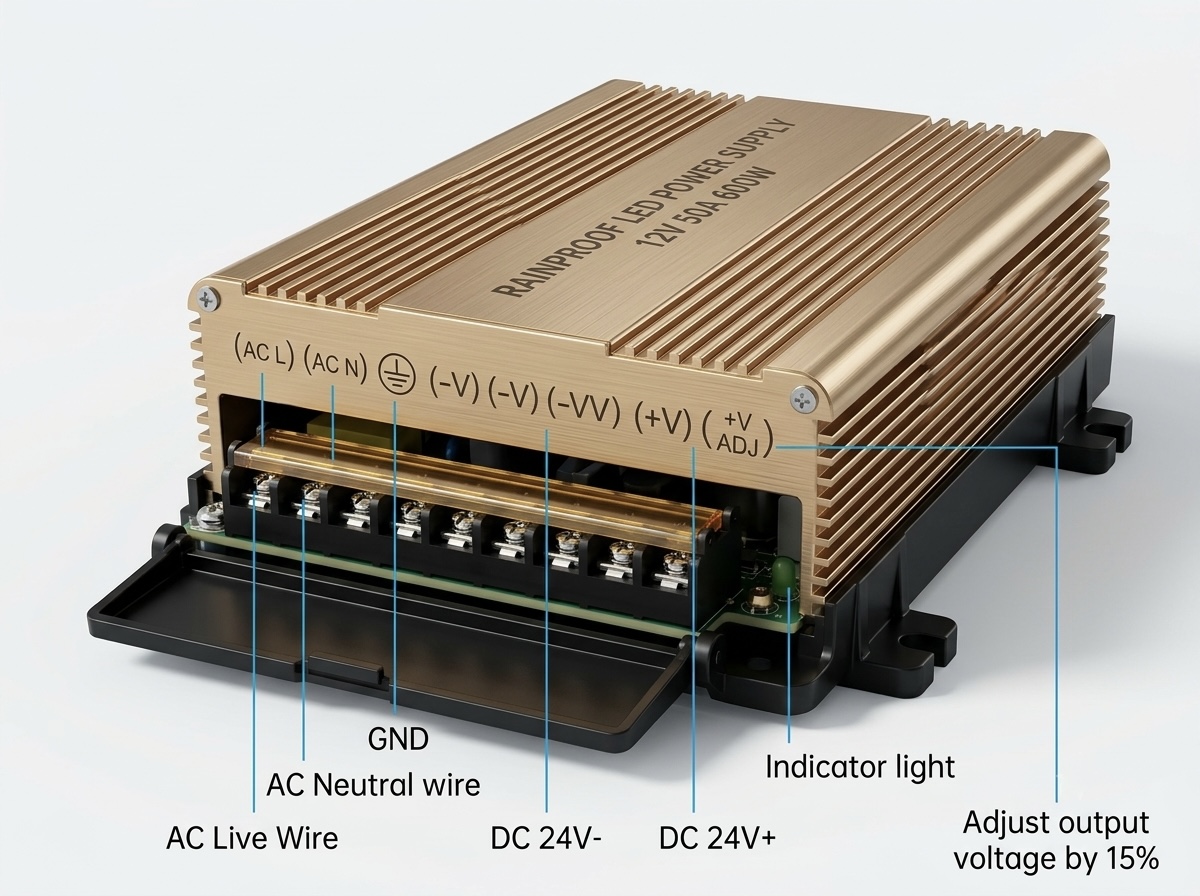 12V 50A 600W Rainproof SMPS DC Power Supply with Built-in Cooling Fan | Weatherproof Metal Driver for High Power Audio Amplifiers, LED Signage, Strips & CCTV - Image 2